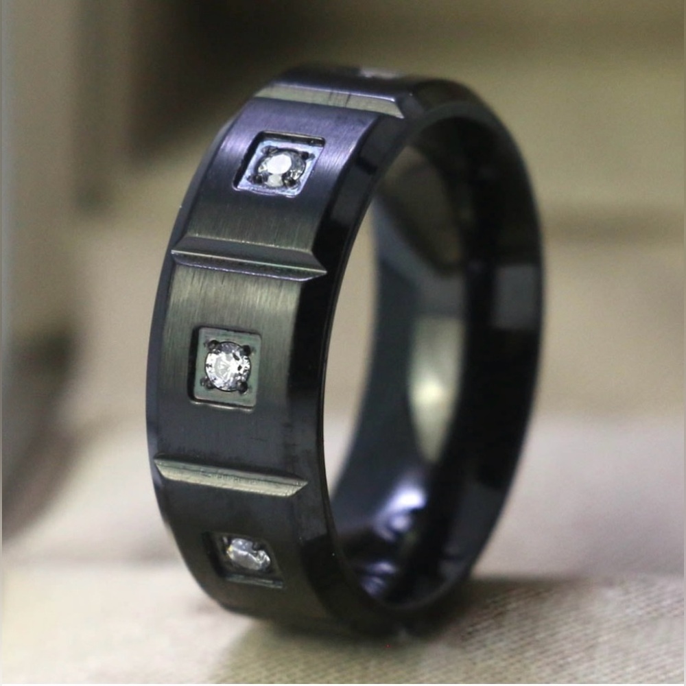 Matte Black Gold Plated 8mm CZ Titanium Wedding Band Man Ring Size 8-11
